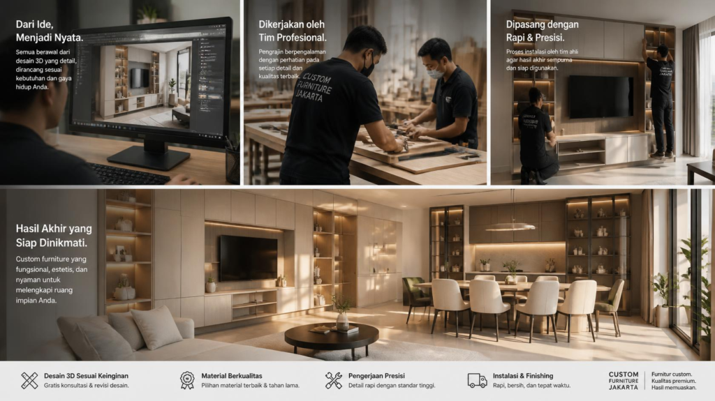 Proses Jasa Pembuatan Custom Furniture Desain 3D, Produksi, dan Instalasi yang Profesional